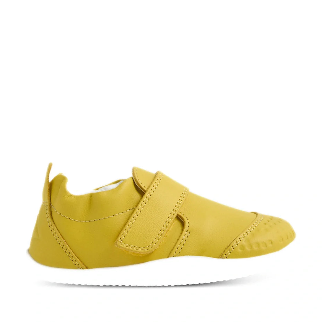 Introducing the Bobux Xplorer XP Go Mango Mint First Walker Crawler: a yellow soft leather baby shoe featuring a hook-and-loop strap, white sole, and textured toe—ideal for little ones taking their first steps—shown on a plain white background., 942007480