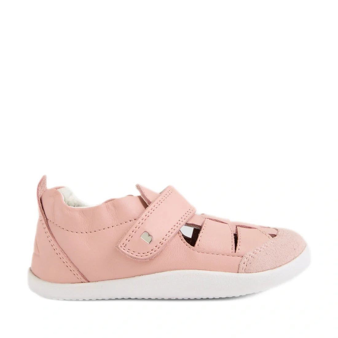 The Bobux XP Explorer Maris First Walker Sandal in Pink features a fisherman sandal design with a closed toe, white sole, cut-out sides, and a Velcro strap across the top—making it a perfect first walking shoe for toddlers., 9420074850980, 9420074850997,