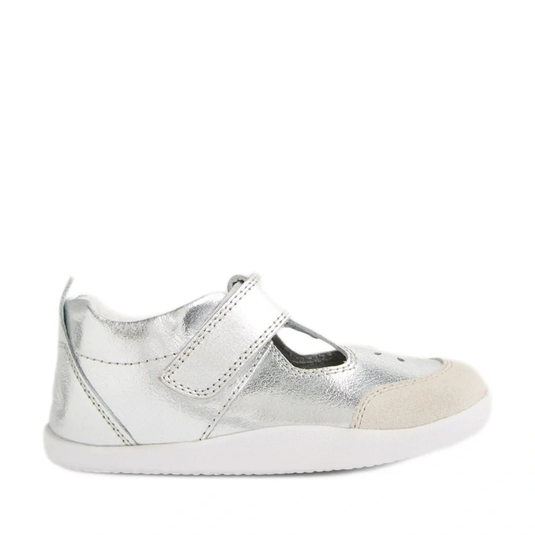 The Bobux XP Explorer Rue First Walker Sandal in Silver features a metallic finish, a white sole, a beige toe cap, and a convenient hook-and-loop strap—ideal as stylish baby shoes or comfortable first walking shoes., 9420074851192, 9420074851208, 94200748