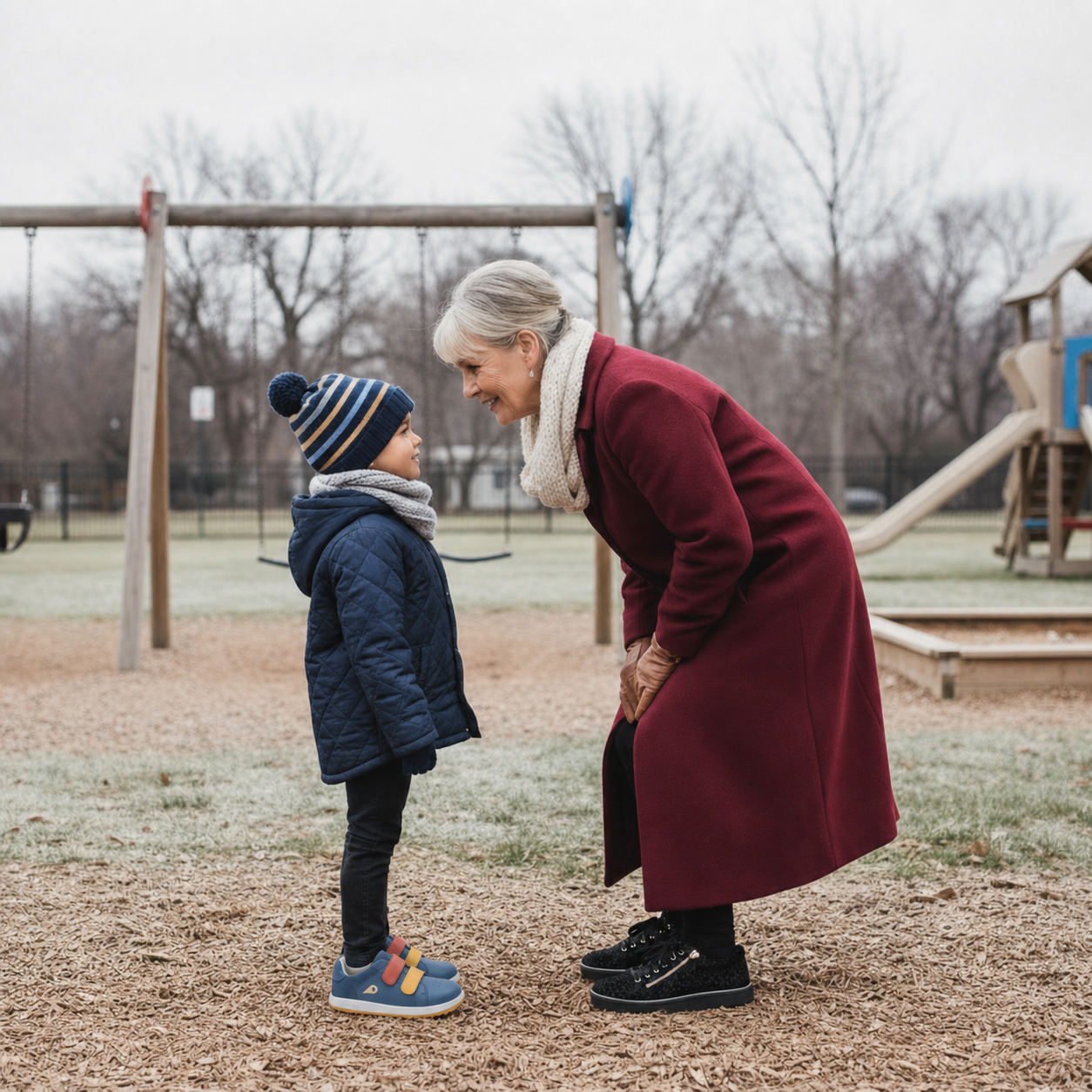 An older woman in a red coat smiles warmly at a young boy wearing a blue jacket, hat, and Bobux IW Iwalk Breakpoint Leather Coronet Blue sneakers as they face each other in a playground on a chilly day with swings in the background., 9420074817709, 942007