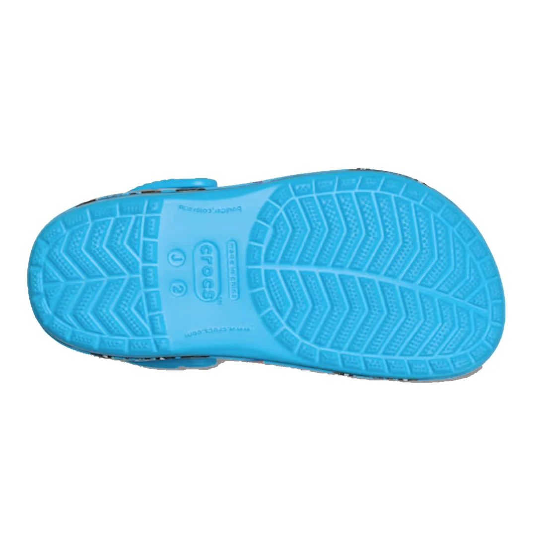 Blue sole view of the Crocs Kids Classic Clogs Lightning McQueen Dinoco Blue, highlighting textured tread patterns and the Crocs brand name. Inspired by classic clog designs like Lightning McQueen or dinosaur shoes for kids, the sole features various grip