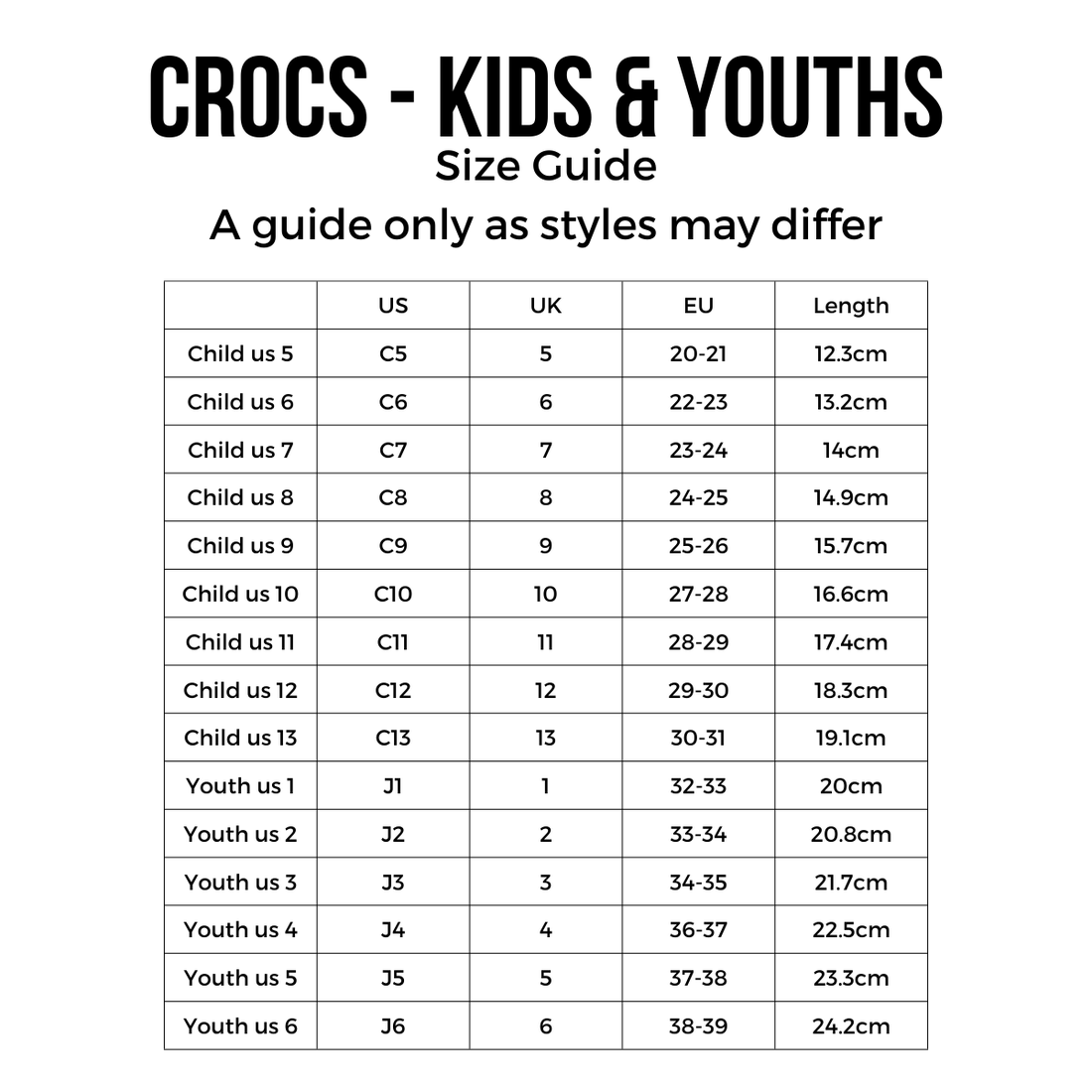 Crocs Kids - Youths Classic Clog K Cow Print White Sandals size guide chart for US, UK, and EU sizes plus length (cm). Ideal for finding the right fit. Title and disclaimer are shown above the chart., 42137, 196265776887, 196265776894, 196265776900, 19626