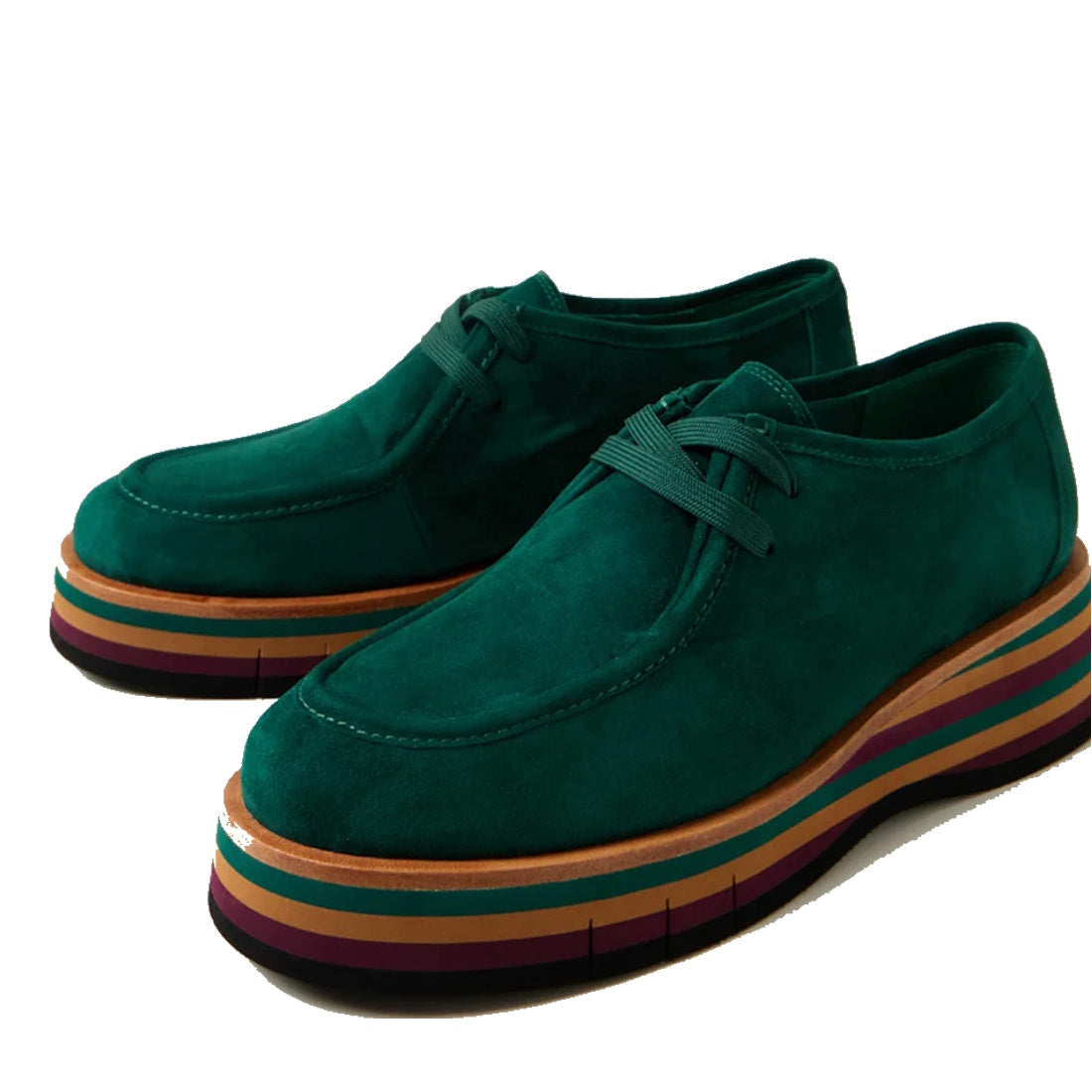 The Django & Juliette Gnota Forest Green Lace Up Moc Platform Shoe features suede uppers and chunky multicolored striped soles with layers of purple, red, yellow, orange, and black in a stylish, modern design., 51567, 4434754548116, 4434754548123, 4434754