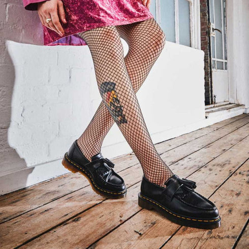 Dr Martens Adrian YS Black Smooth Tassel Loafer Shoes with Yellow Stitching CLEARANCE