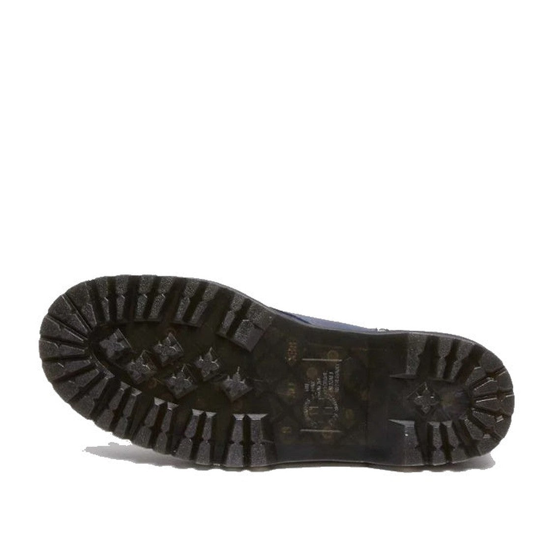 The image displays the rugged, textured sole of the Dr Martens Jadon Deep Blue Pull Up Leather Platform Boot, featuring deep treads and star-shaped patterns for enhanced grip against a plain white background., 34144, 190665587883, 190665587890, 1906655879