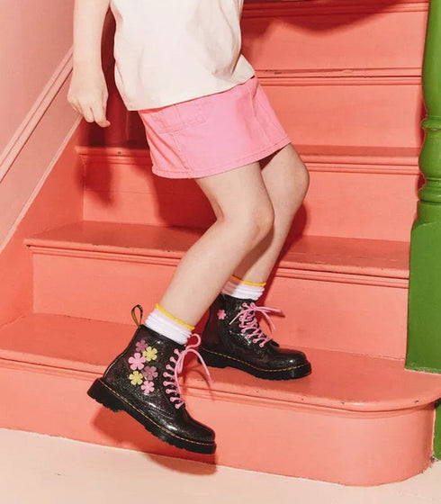 Dr Martens Kids - 1460 J Coated Glitter Black Boot Pink Flowers