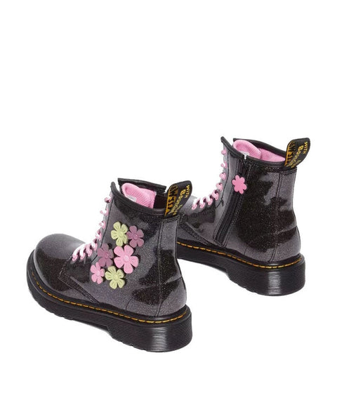 Dr Martens Kids - 1460 J Coated Glitter Black Boot Pink Flowers