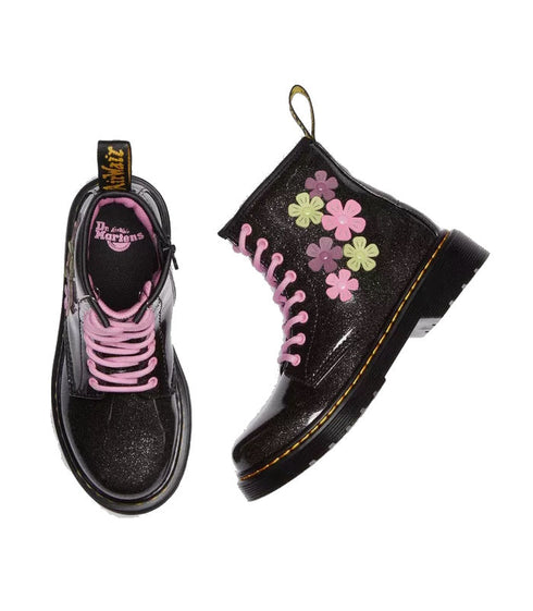 Dr Martens Kids - 1460 J Coated Glitter Black Boot Pink Flowers