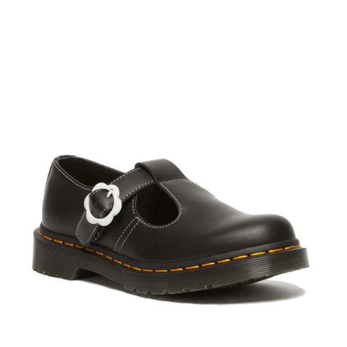 Dr Martens Polley T-BarBlack Leather White Flower Buckle