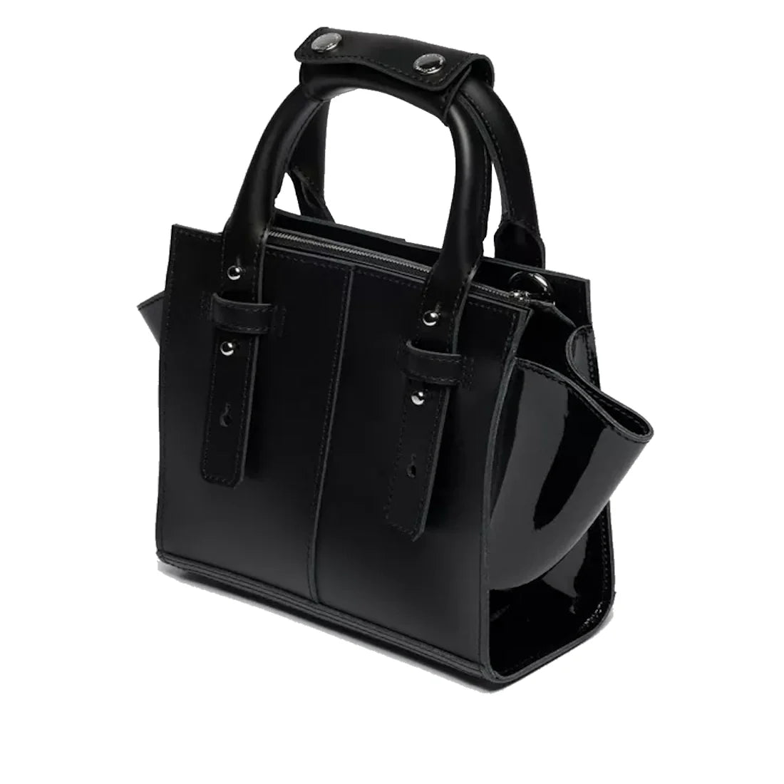 The Dr Martens Small Kiev Leather Tote Bag in Black features a glossy Kiev leather construction with short handles, patent Lamper straps and side panels, silver hardware, and a structured rectangular silhouette. Displayed against a white background, this