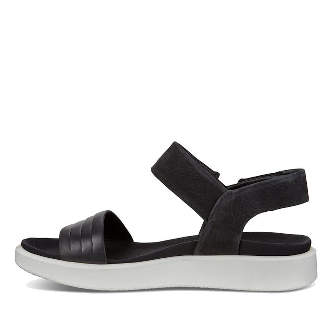 The Ecco Flowt Black Womens Active Sandal is a black minimalist design with a thick white sole, wide toe strap, and adjustable ankle strap, displayed in side profile on a plain white background., 48662, 809704992501, 809704992518, 809704992525, 48666
