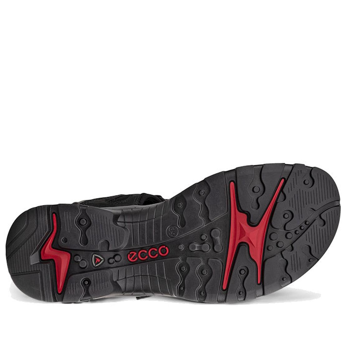The image shows the black rubber sole of the ECCO Offroad Full Black Women's Active Sandal Back Strap, with red accents and a central red ECCO logo. The tread's circular and wavy patterns provide superior traction and walking comfort., 737426010756, 73742
