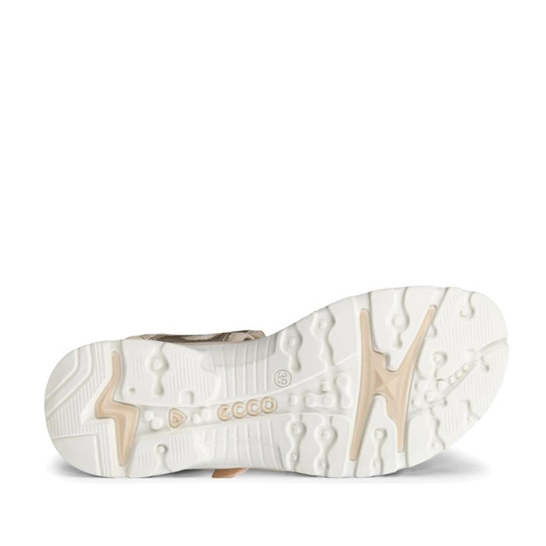 The image shows the sole of the Ecco Offroad Limestone Womens Active Sandal Light Pink, featuring a white rubber outsole with beige accents, a textured pattern for grip, and the ECCO logo in the center, reflecting quality craftsmanship., 194891407199, 194