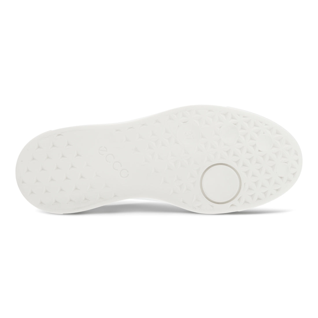 The image displays the white outsole of the Ecco Street Tray White Womens Leather Sneaker Clearance, featuring a textured geometric pattern, embossed "ecco" branding, and a circular design near the heel., 41656, 737428602638, 737428602645, 737428602652, 4