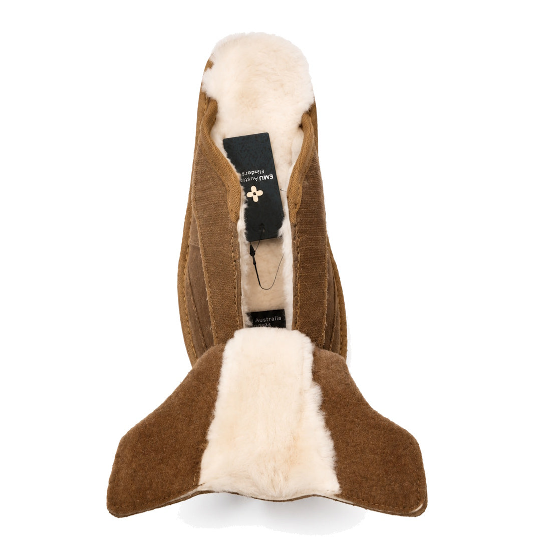 The EMU FlexiCare Wide Opening Sheepskin Scuff Chestnut Slipper features a brown exterior, fluffy cream lining, wide top flap for easy access, and a black brand tag—perfect unisex comfort and convenience., 9330071991091, 9330071991107, 9330071991114, 9330