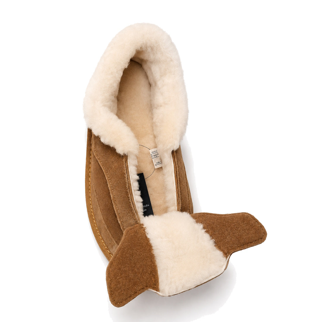 The EMU FlexiCare Wide Opening Sheepskin Slippers in Chestnut are shown from above, featuring brown suede, creamy white shearling lining, and a fold-down back heel on a white background., 9330071990957, 9330071990964, 9330071990971, 9330071990988, 9330071