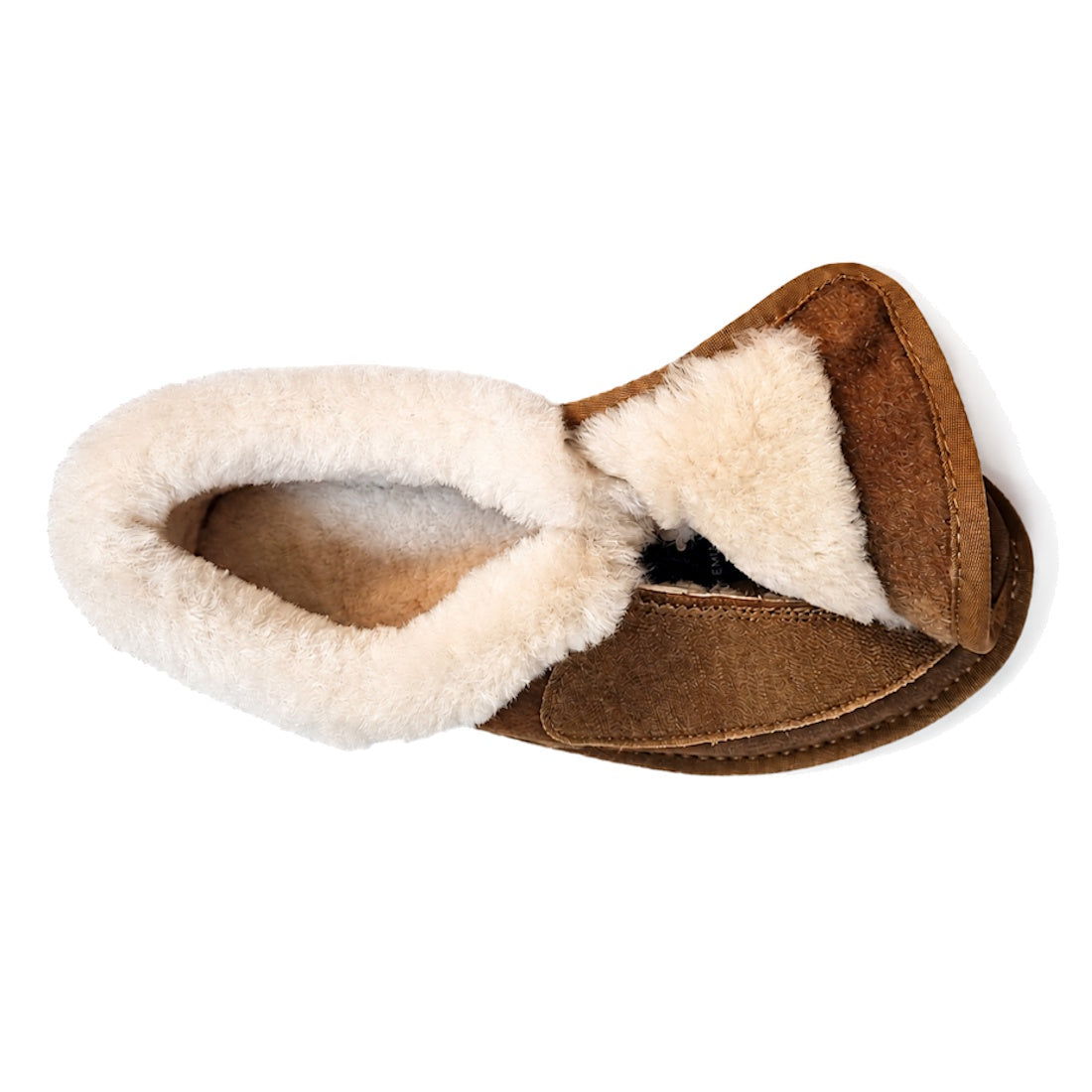 A single EMU FlexiCare Wide Opening WIDE Width Sheepskin Slipper in Chestnut, featuring a cream fluffy lining, shown from above on a white background., 9330071991237, 9330071991244, 9330071991251, 9330071991268, 9330071991275, 9330071991282, 52519, 52520,