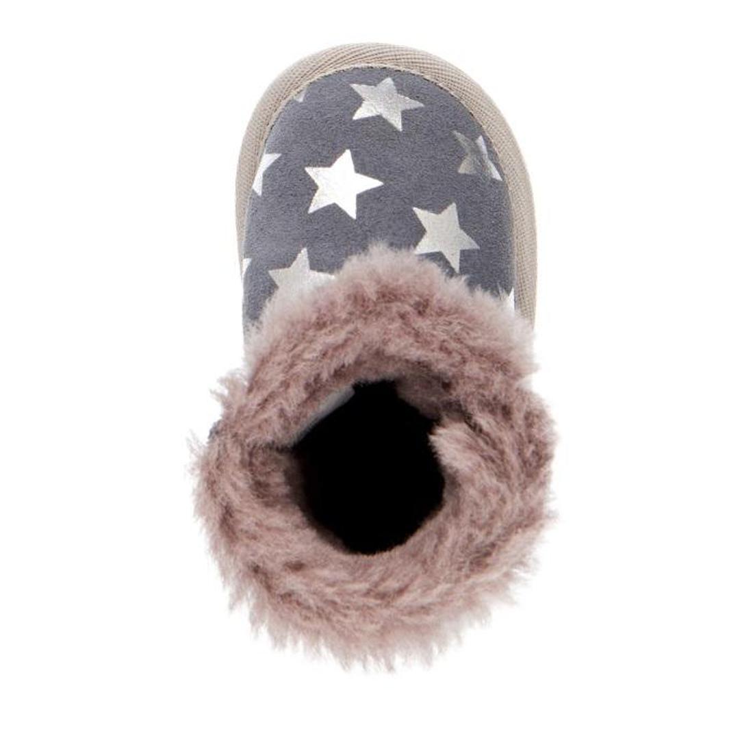 EMU NZ Starry Night Walker baby bootie in cozy grey with playful white stars, soft fluffy lining, flexible sole, shown from above. ksnz