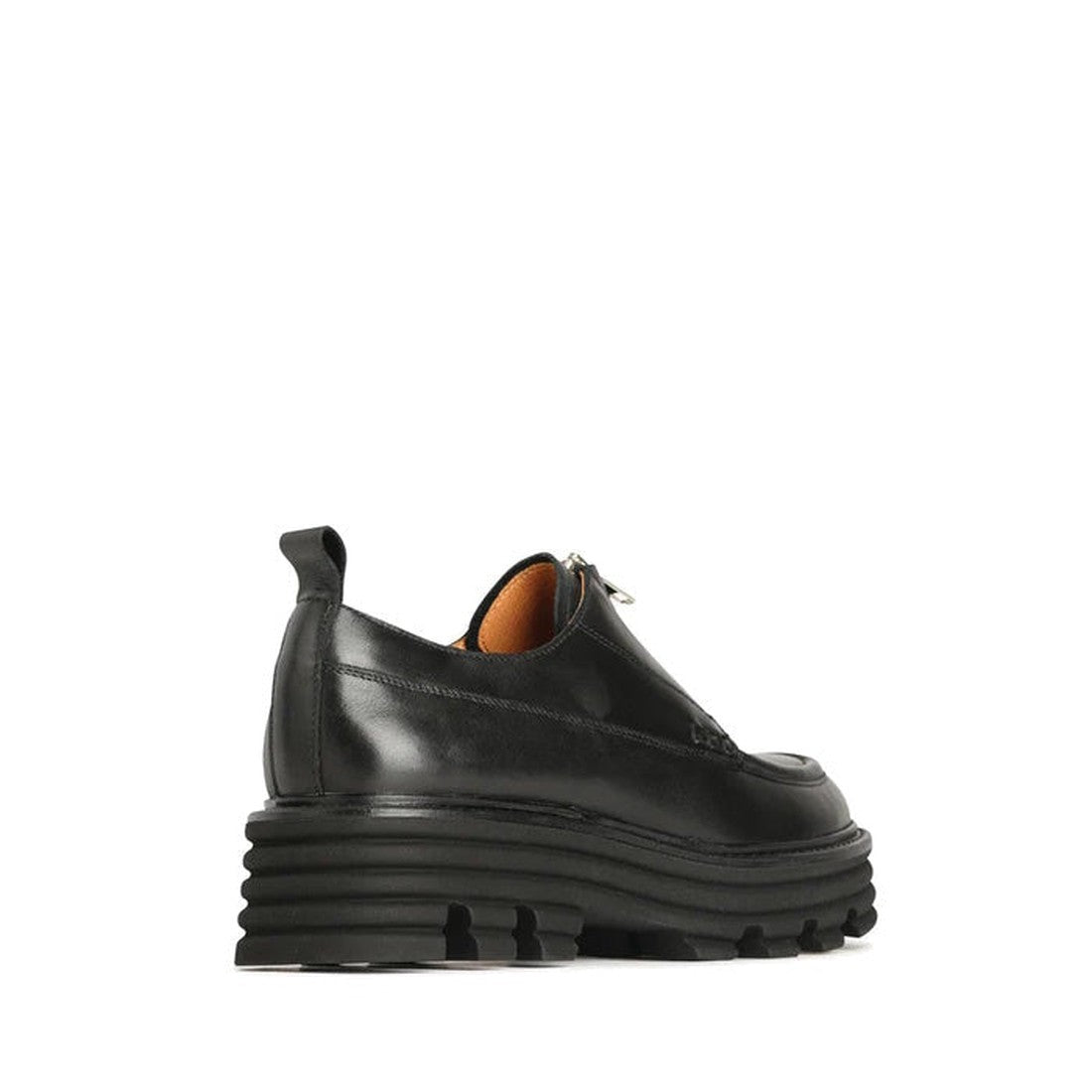 The EOS Jazzy Black Leather Zip Top Shoe is a black leather loafer with a chunky, ridged platform sole, seen from a rear side angle. It features a heel pull tab and visible stitching accents., 36534, 9321191192499, 9321191192505, 9321191192512, 9321191192