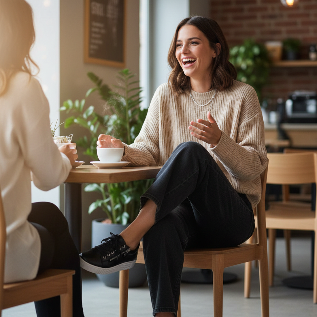 Two women sit at a cozy café, smiling and enjoying coffee. One laughs, gesturing with her hand, and wears EOS Joyce Leather Trainer Black Lace Up with Zip sneakers featuring a chunky rubber sole. Indoor plants add to the relaxed vibe.