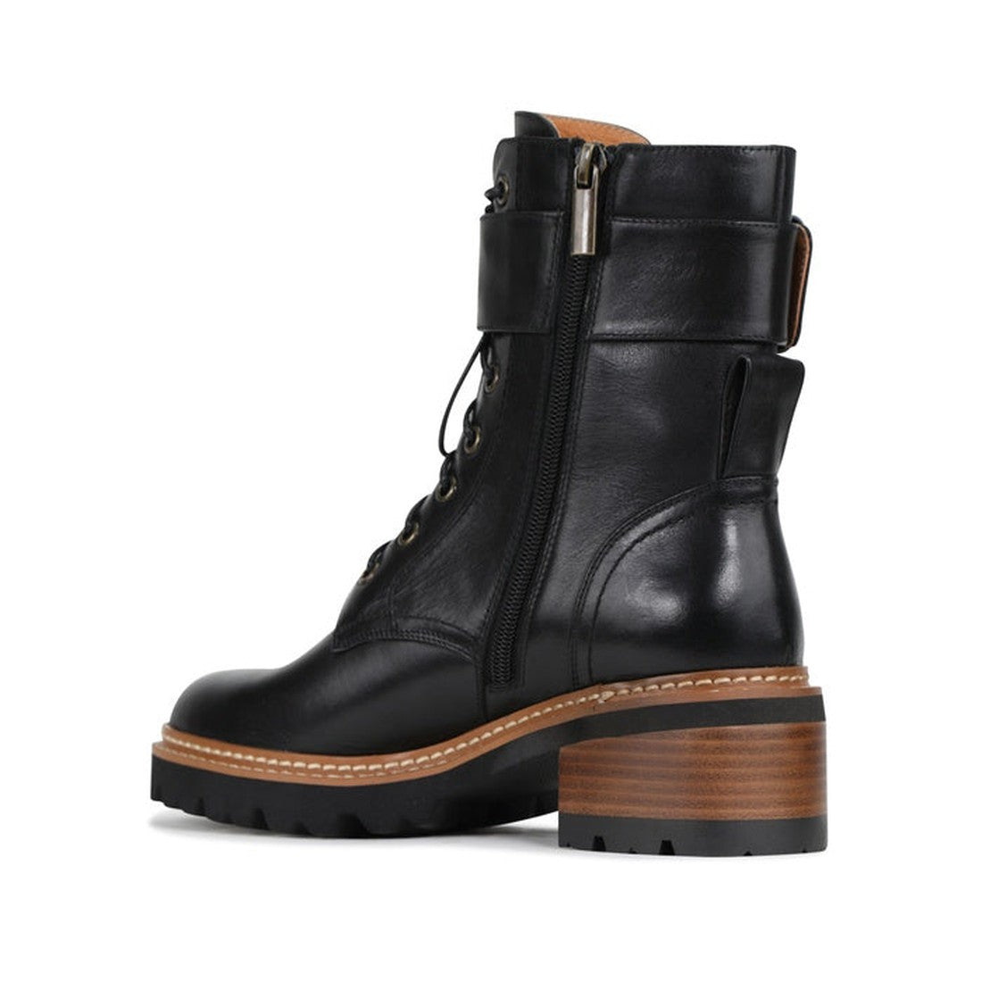 The EOS Line Black Womens Leather Boot showcases a combat style with black leather, chunky brown stacked heel, lug sole, lace-up front, and side zipper—displayed from the side on a white background., 9321191078878, 9321191078885, 9321191078892, 9321191078