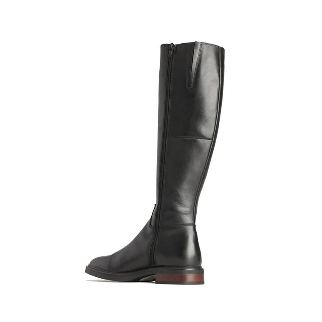 The EOS Blanche Women's Black Leather High Boot features a classic silhouette with a side zipper and low heel, shown in profile against a white background., 9321191187808, 9321191187815, 9321191187822, 9321191187839, 9321191187846, 50595