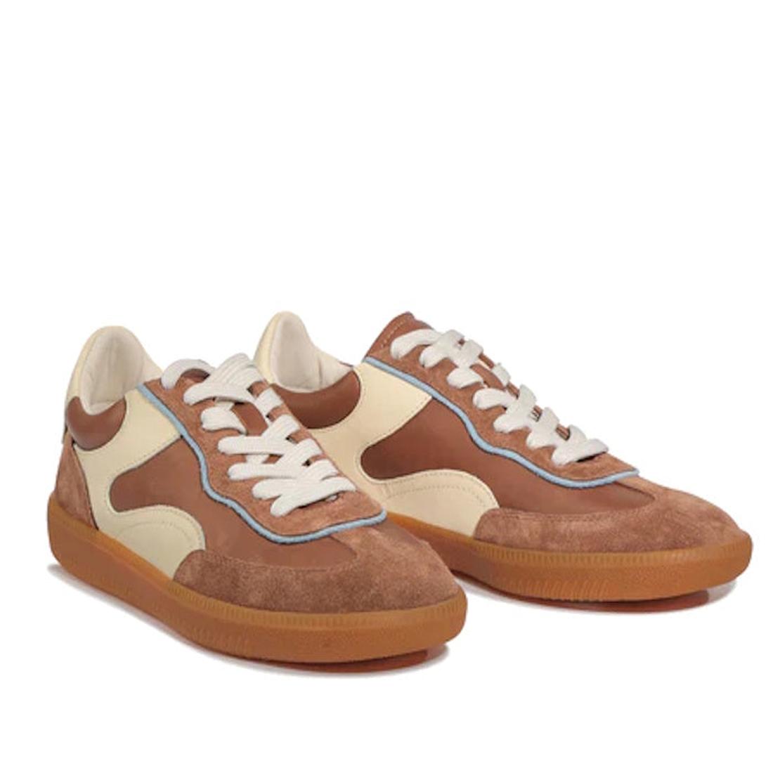 The EOS Antigona Pecan Leather Lace Up Trainer features a brown suede upper with cream panels, white laces, a cushioned footbed, and gum rubber soles, shown on a white background., 50069, 9321190000733, 9321190000740, 9321190000757, 9321190000764, 9321190