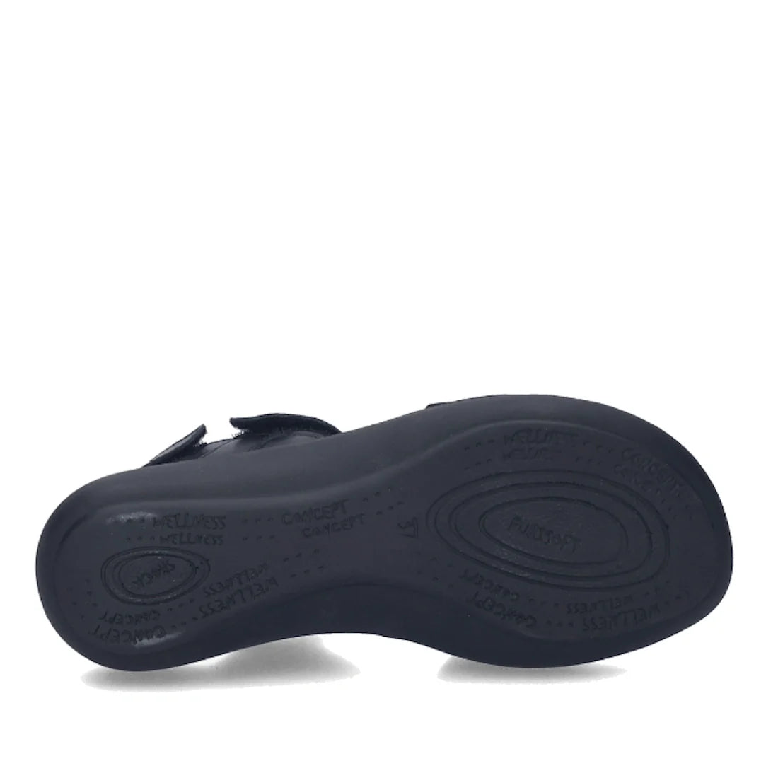 The image displays the bottom view of the Josef Seibel Ibiza 86 Womens Leather Comfort Sandal in Schwarz Black, featuring a textured black sole with embossed words like WELLNESS and COMFORT, which highlight its signature design., 53193, 4062838897845, 406