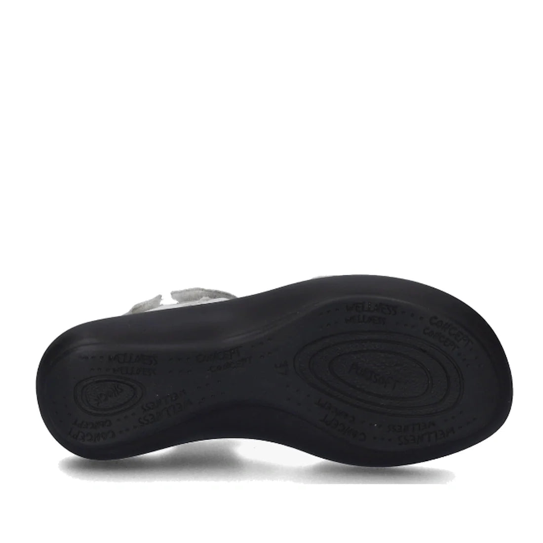 A black shoe sole with textured grip patterns and raised text is shown from the bottom view against a white background—this detail highlights the quality craftsmanship of the Josef Seibel Ibiza 86 Womens Leather Comfort Sandal White Weiss., 53199, 53200,