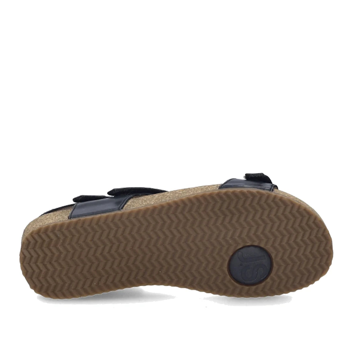 A black Josef Seibel Tonga 25 women’s leather comfort sandal is shown from the bottom, revealing a textured brown sole with a circular logo near the heel. The sole features a zigzag tread pattern for grip and showcases the comfortable cork sole typical of