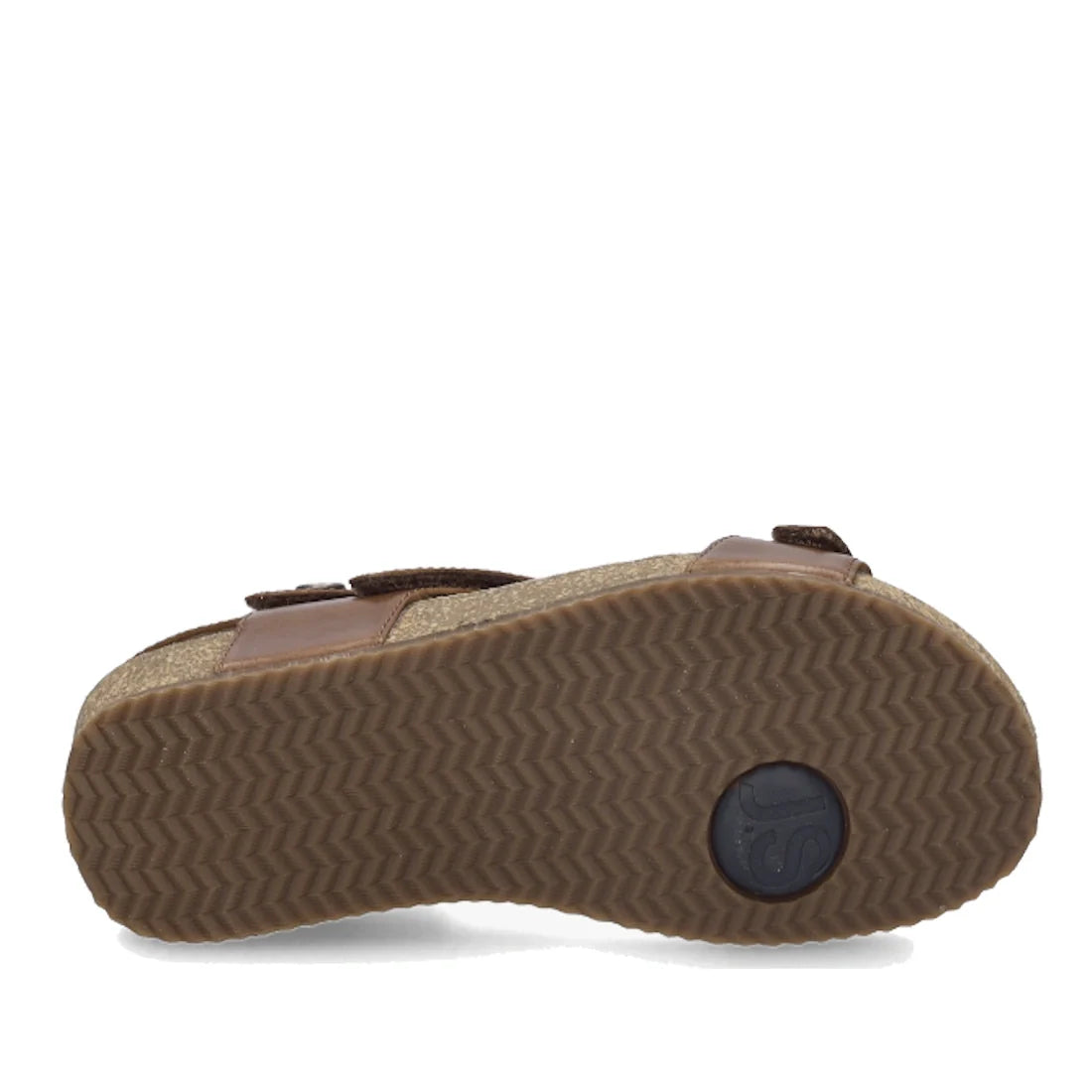 A brown sandal shown from the bottom, featuring a textured rubber sole with a zigzag pattern, a circular logo near the heel, and the signature cork sole design found on the Josef Seibel Tonga 25 Women’s Leather Comfort Sandal in Camel Tan., 4056828008007,