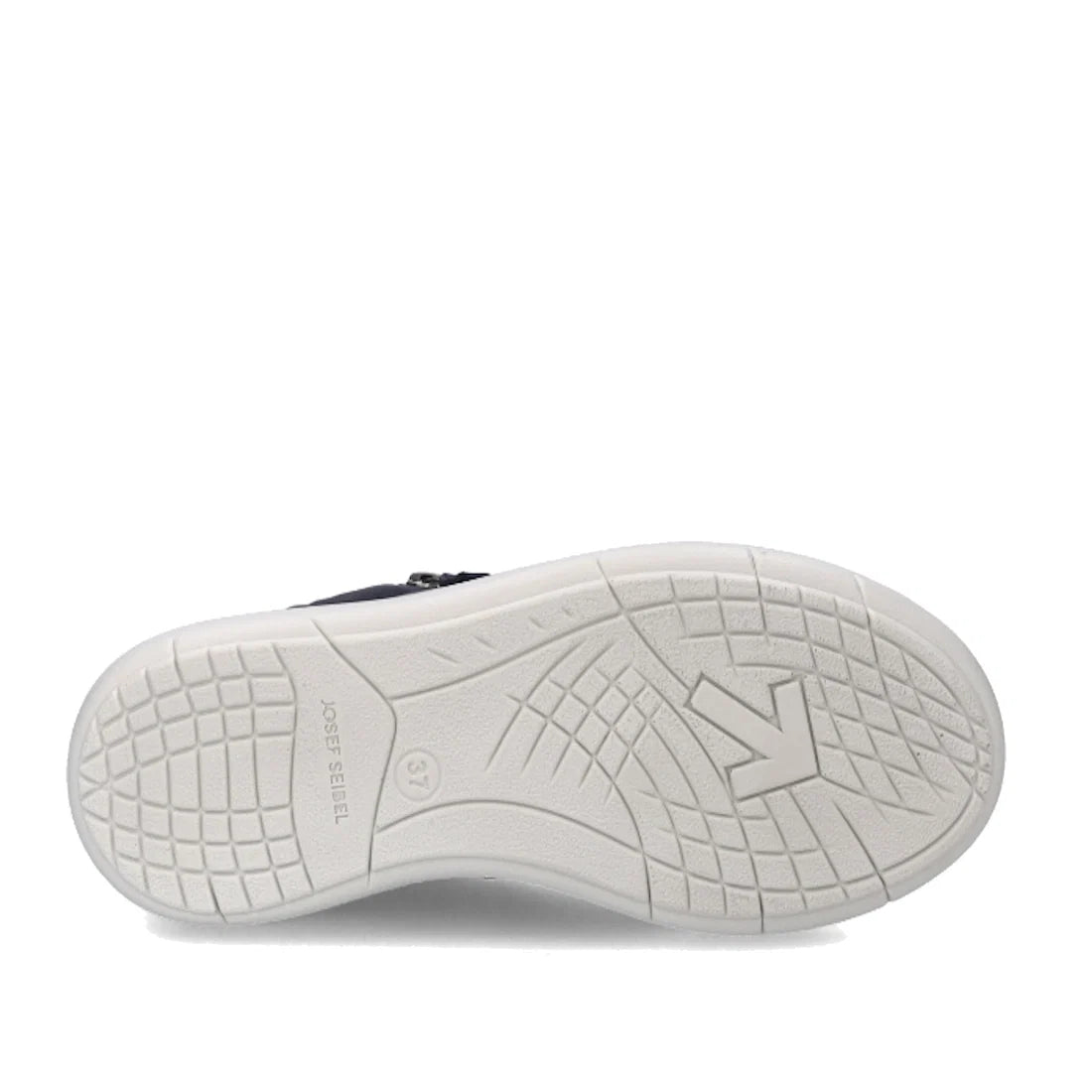 The image displays the white rubber sole of the Josef Seibel Megan 01 Womens Casual Lace Up Shoe in navy, featuring an intricate tread pattern and the brand name “Josef Seibel” embossed on the arch. Designed for comfort and quality, these casual walking s
