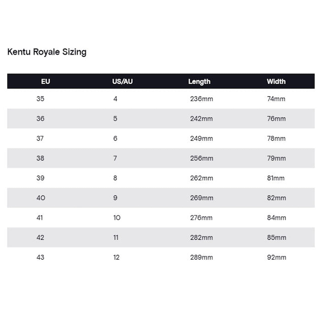 The Rollie Womens Kentu Royale Sneaker White Grey size chart displays EU and US/AU sizes from EU 35 (US 4) to EU 43 (US 12), plus foot length and width in mm. Orthotic-friendly with an anti-slip rubber outsole., 9339554343853, 9339554343860, 9339554343877