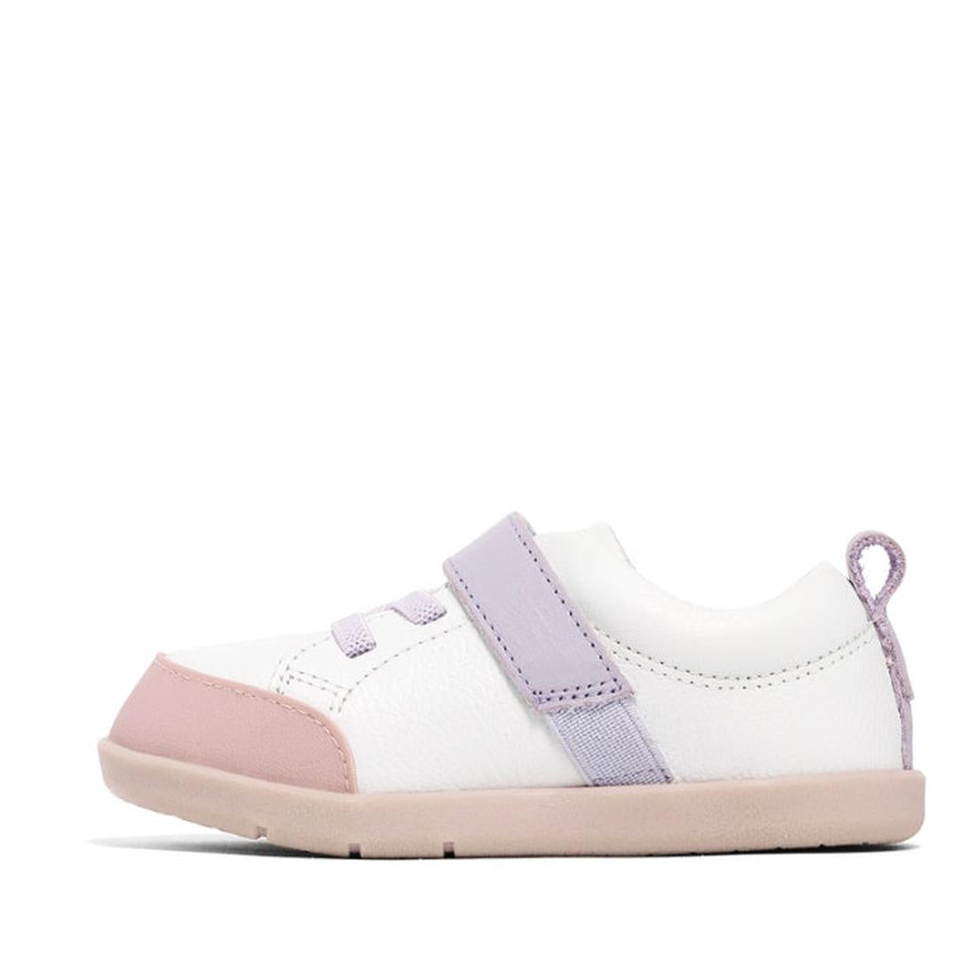 The Pretty Brave Boston Leather Trainer First Walker in White Blush features a pale pink toe cap and sole, light purple hook-and-loop strap, matching laces, and heel pull tab. Displayed on a plain white background., 9420075328952, 9420075328945, 942007532