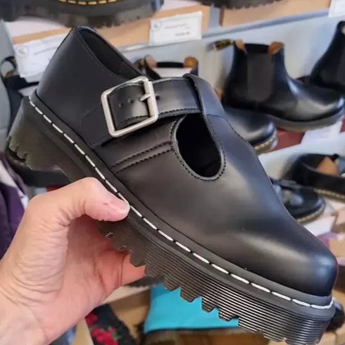 Dr Martens Bex Polley T-Bar Shoe Black Smooth White Stitch