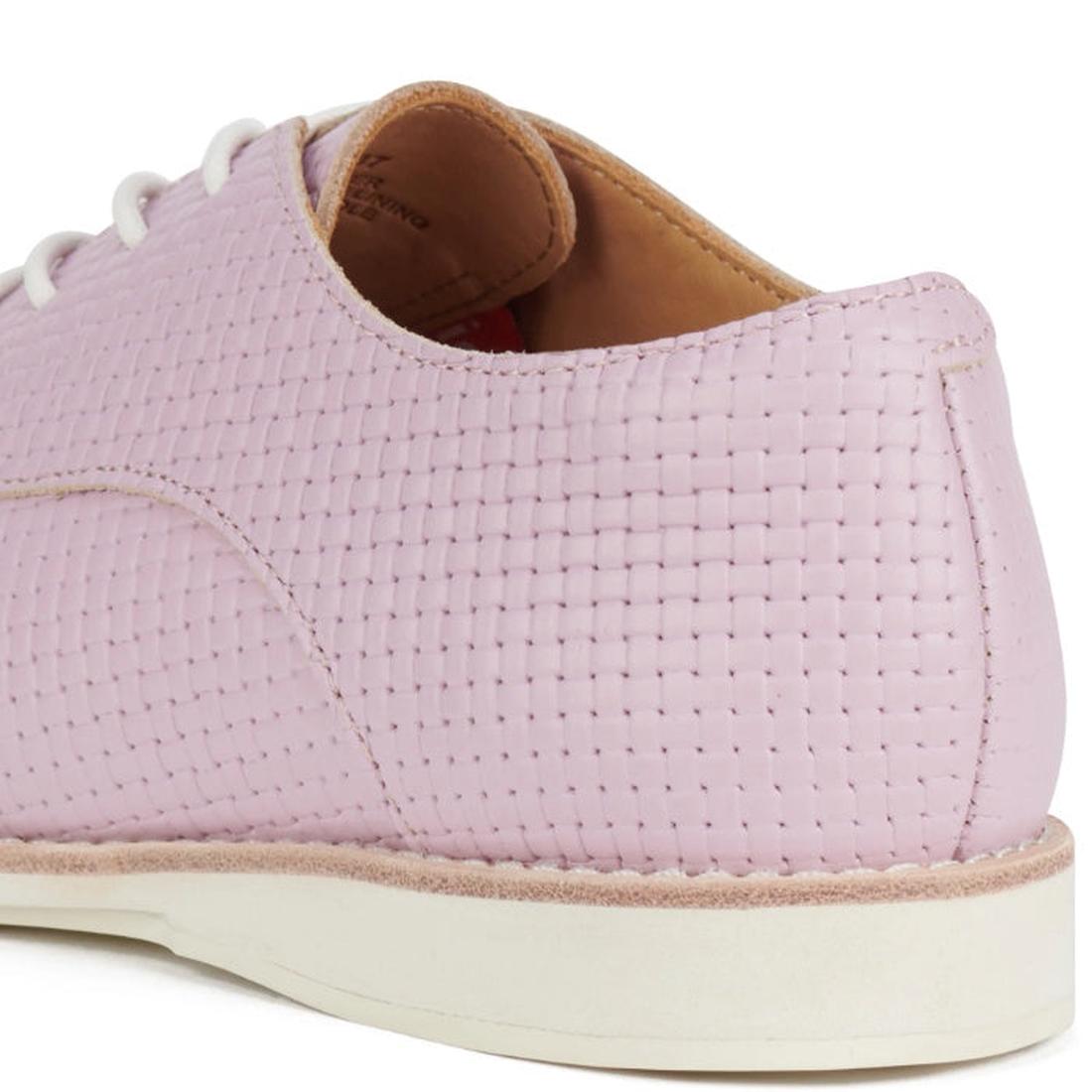 Heel rear view Rollie Derby Emboosed lilac sneaker with white laces on a white background.,
9781760778514,
9781760778538,
9781760778552,
9781760778484,
9781760778507,, 46062, 9781760778514, 9781760778538, 9781760778552, 9781760778484, 9781760778507