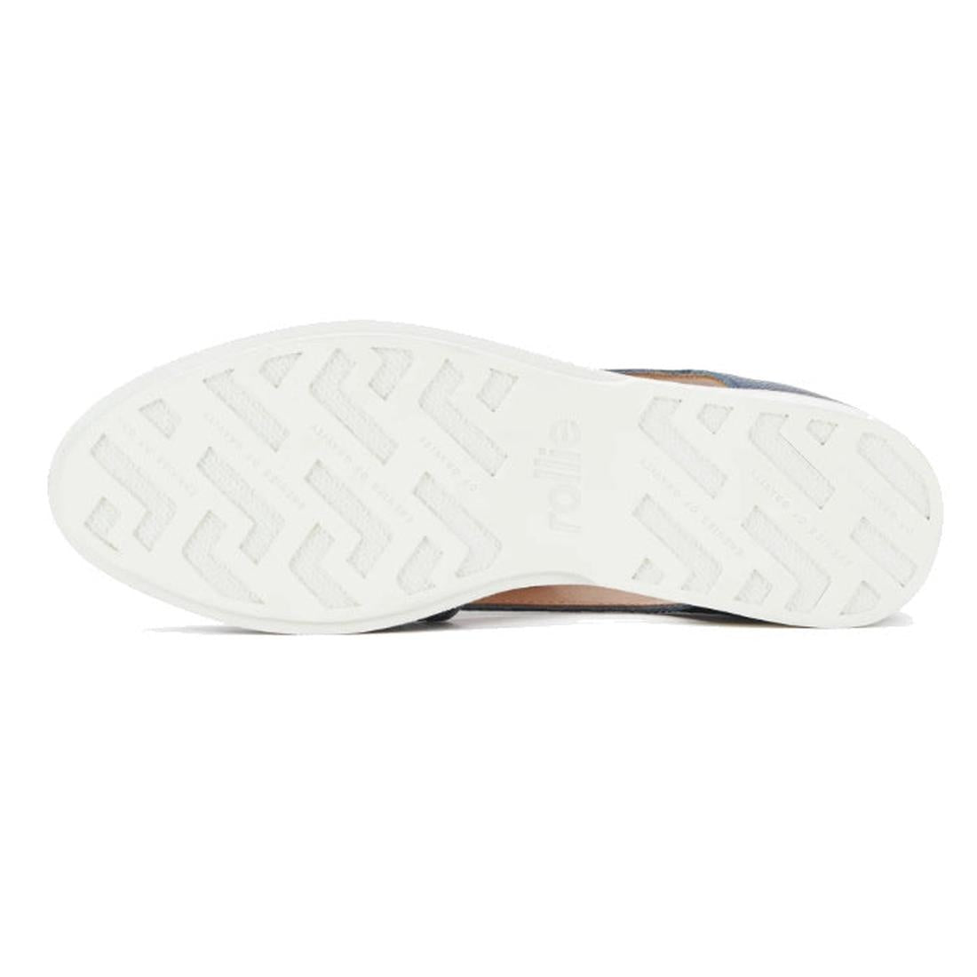 The Rollie Womens Sidecut Punch Navy Tumble Leather Shoe features a white rubber outsole with zigzag and geometric tread, viewed from below, and "rollie" embossed at the center of its anti-slip sole., 9781760775414, 9781760775421, 9781760775438, 978176077
