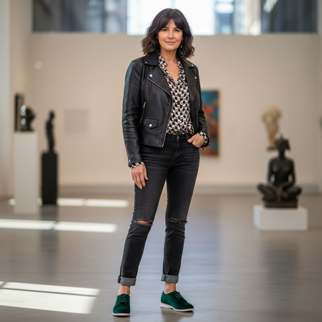 Woman in a black leather jacket and jeans standing in an art gallery. waering rollie derby shoes in green velvet., 9339554068114, 9339554005690, 9339554000077, 9339554000336, 9339554023830