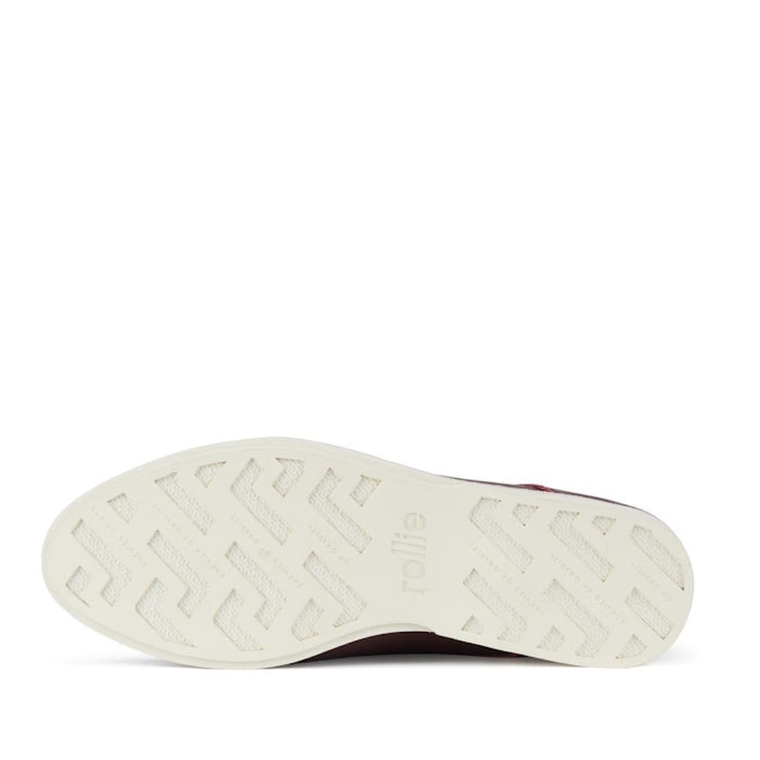 Bottom view of the Rollie Womens Derby Super Soft Dark Cherry Leather Shoe, showcasing a white anti-slip rubber outsole with a geometric chevron tread and the Rollie logo embossed in the center., 9339554034843, 9339554086330, 9339554099231, 9339554070285,