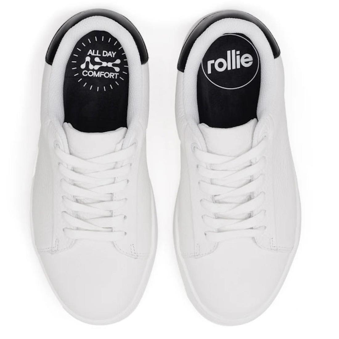 The Rollies Womens Courtclub All White Black Leather Trainer sneakers, viewed from above, feature "ALL DAY COMFORT" with a graphic on the left insole and the rollie logo in white on black on the right insole., 9781760790097, 9781760790103, 9781760790110,