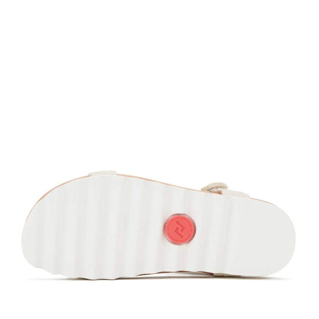 The image depicts the bottom view of the Rollie Womens Sandal Tooth Wedge Bone Croc, showing a white sandal with a textured, sawtooth EVA wedge outsole and a small pink circle near the heel. The background is plain white., 9781760775865, 9781760775872, 97