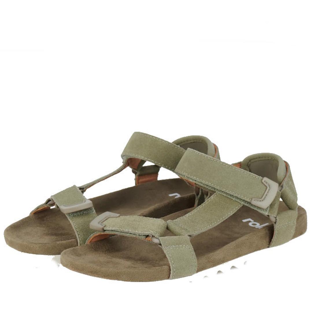 The Rollie Womens Sandal Tooth Wedge Sage/White features light olive green sheep leather adjustable straps, a brown cushioned sole, and an EVA sawtooth wedge outsole. Sandals are shown against a white background., 48171, 9781760793883, 9781760793890, 9781