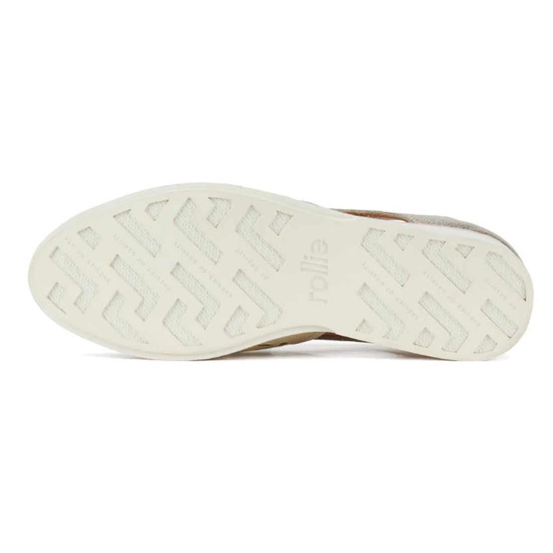 The image shows the sole of the Rollie Womens Sidecut Boho Punch Gold Leather Shoe, featuring a white rubber bottom with a geometric zigzag tread and "elliot" embossed in the center—complementing its stylish Boho look., 9381760798811, 9381760798828, 93817