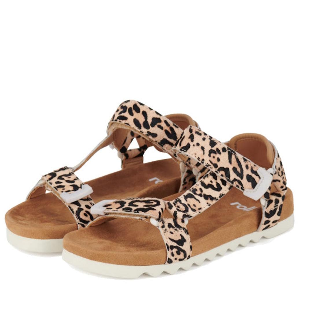The Rollie Womens Sandal Tooth Wedge Neutral Leopard features open toes, adjustable leopard print leather straps, tan soles, white wavy wedge outsoles, and brown cushioned footbeds., 9382771798722, 9382771798739, 9382771798746, 9382771798753, 938277179876