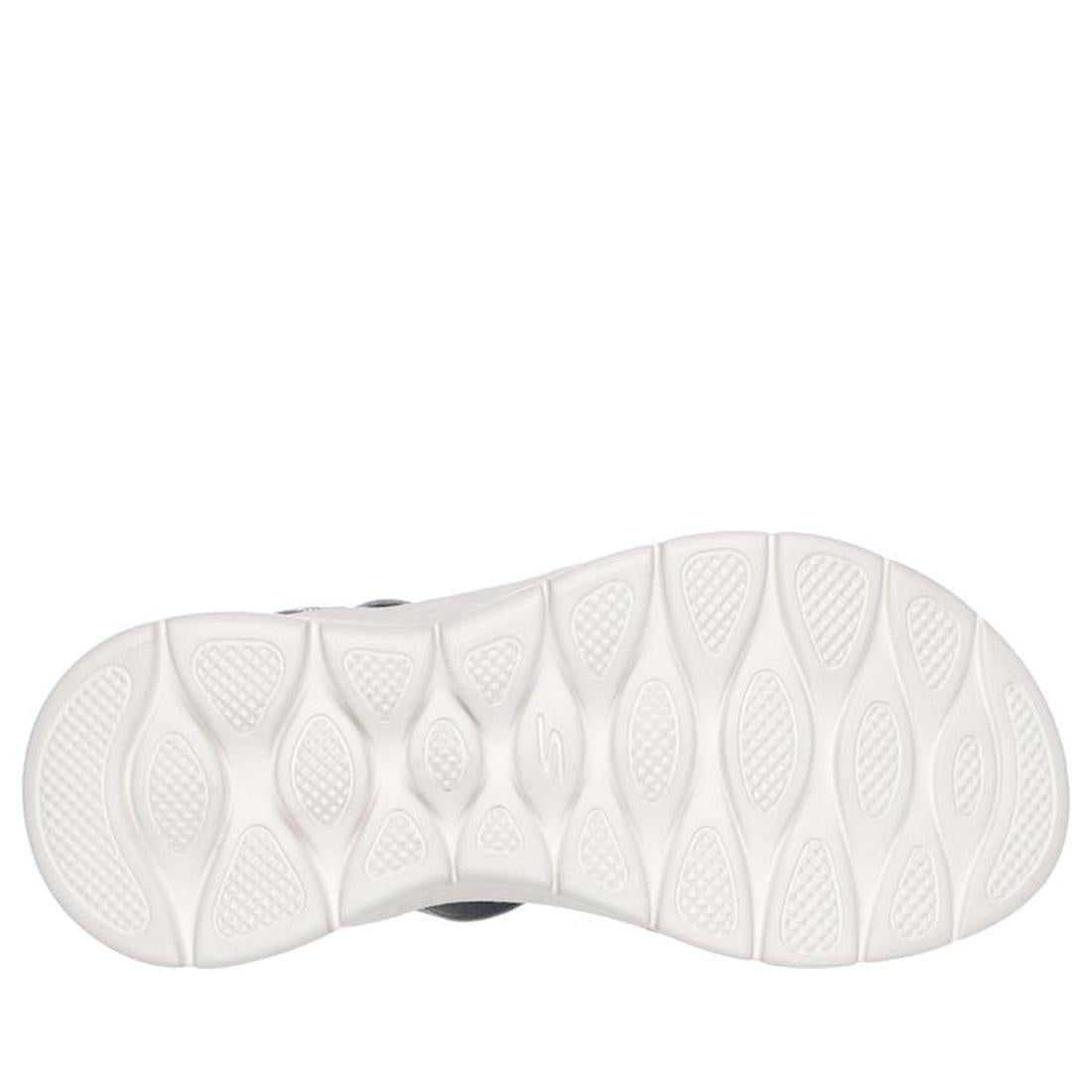 The image shows the white rubber sole of the Skechers Womens Slip Ins Sandals Go Walk Flex Glimmer Up Grey, featuring an embossed, textured pattern with oval and diamond-shaped grooves for grip and traction., 41550, 41551, 197976616745, 41553, 19797661675