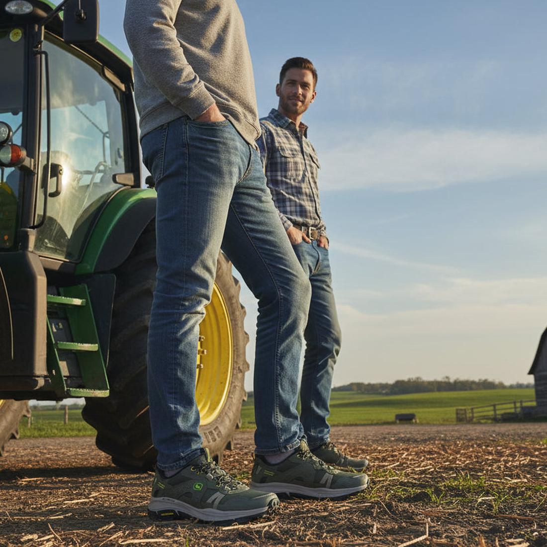 Two men in jeans and casual shirts stand outdoors by a green tractor on a farm. One wears Skechers John Deere Equalizer 5.0 Trail Harvester Slip Ins Green, with fields, a barn, and blue sky in the background., 50552, 197976615144, 197976615168, 1979766151