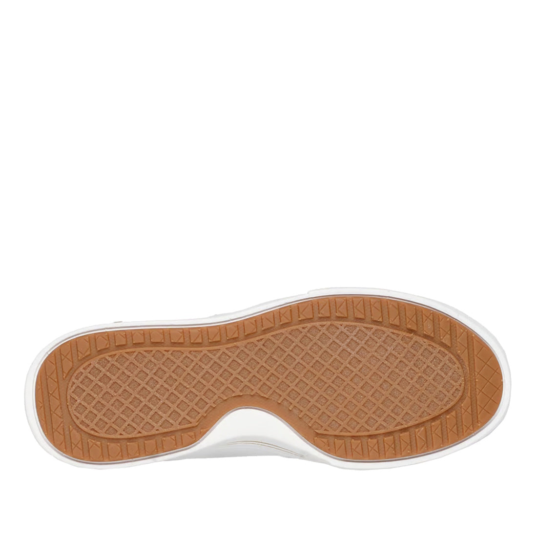 The image shows the sole of the Skechers Arch Fit-Arcade Stroll'N Street Shoe White w/Zip, featuring a brown rubber bottom with a textured, diamond-patterned grip. The white edge of the sole adds to its style, while comfort technologies like a memory foam