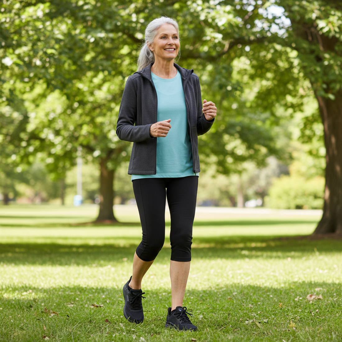 An older woman with gray hair, dressed in a blue shirt, black leggings, and a dark jacket, smiles while enjoying a sunny walk in the park wearing Skechers Arch Fit 2.0 Slip In WIDE FIT Lace Up Easy Chic Black shoes., 50572, 198376162054, 198376162078, 198