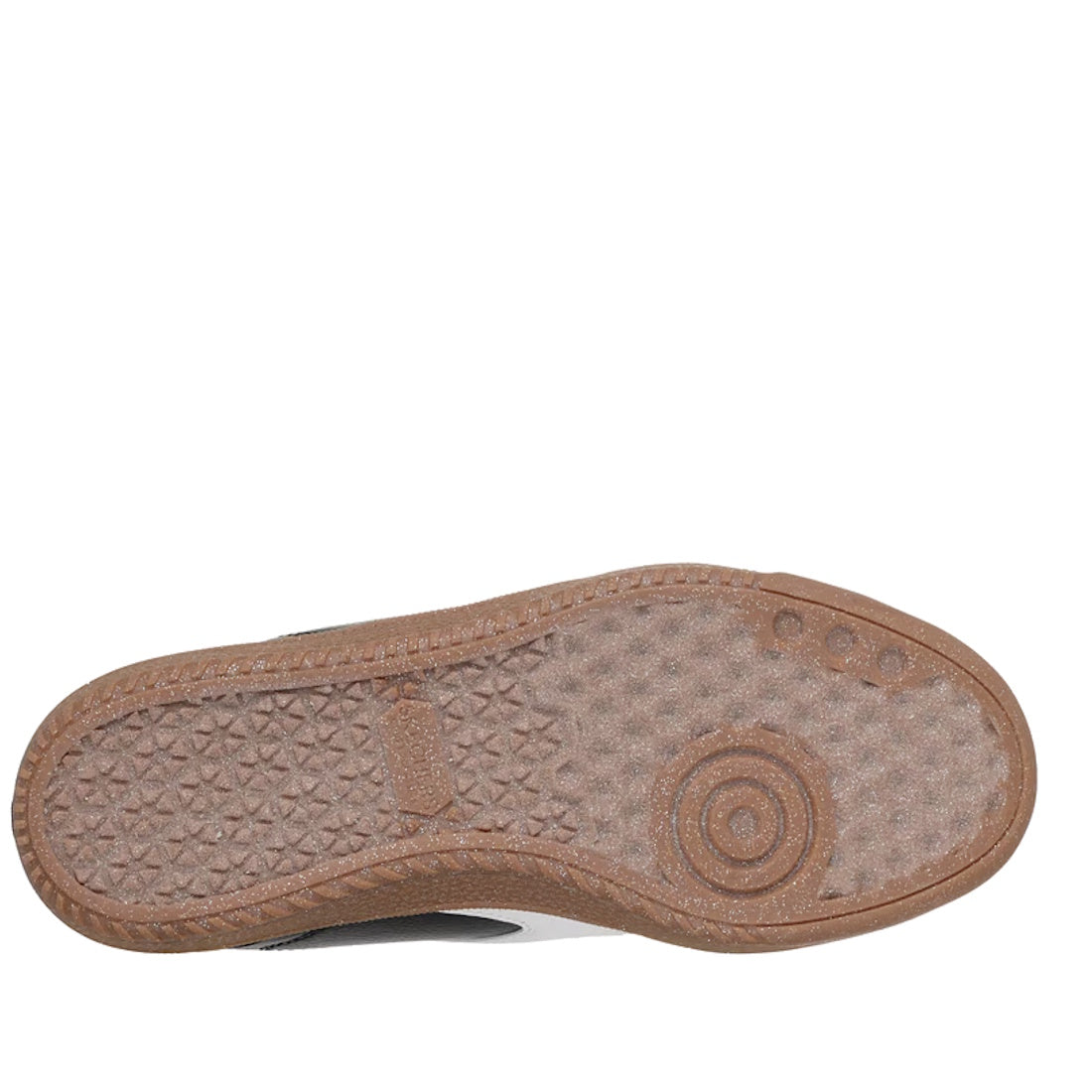 The image displays the brown, textured sole of the Skechers Womens HotShot Perfect Choice WIDE Slip-Ins Sneaker in Black, featuring circular and triangular grip patterns. Designed for wide width comfort, this sneaker also includes Air-Cooled Memory Foam f
