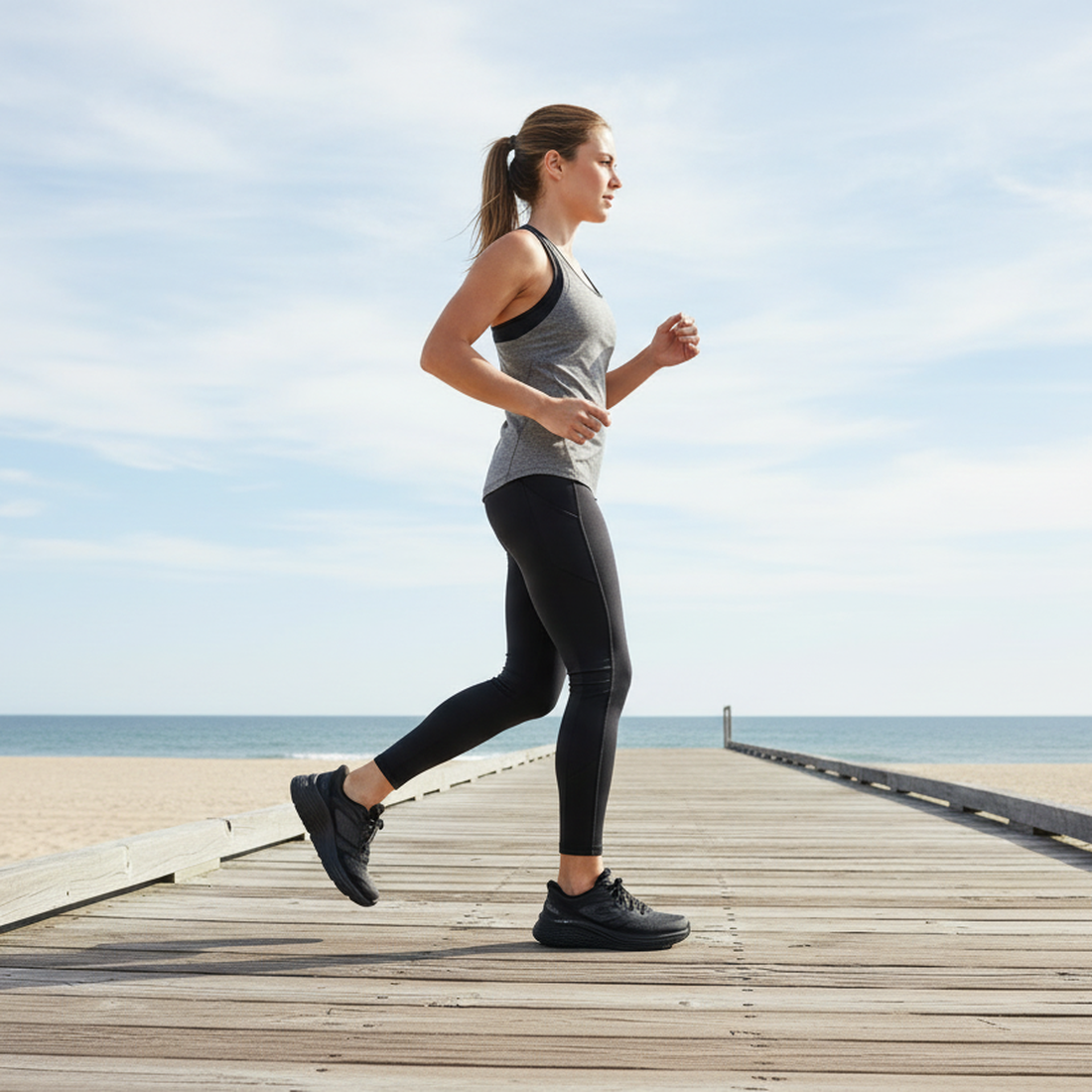 A woman in athletic wear jogs on a beachside boardwalk, enjoying the ocean breeze while wearing Skechers Slip In Max Cushioning Elite 2.0 Leigh Black Trainers for ultimate comfort and support., 199025421058, 50106, 199025421072, 50108, 199025421096